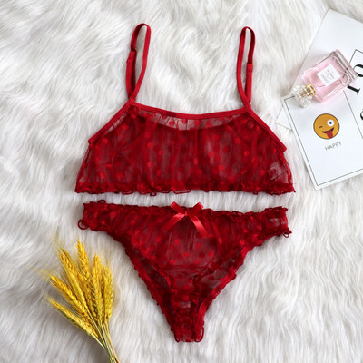 Νέο σέξι εσώρουχα ερωτικά εσώρουχα Polka Dot Mesh Frill Trim Lace σετ εσωρούχων δαντέλα αόρατο σετ σουτιέν για γυναίκες