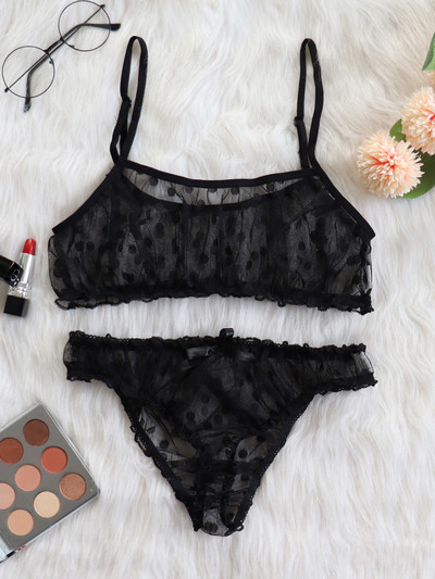 Jauna Sexy apakšveļa erotiska apakšveļa Polka Dot Mesh Frill Trim Lace apakšveļas komplekts mežģīņu neredzams krūšturu komplekts krūšturi sievietēm