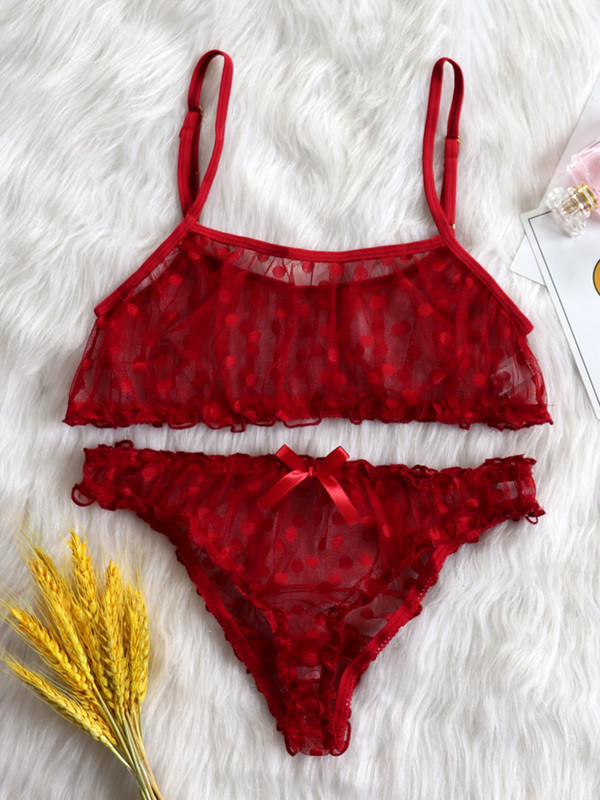 Νέο σέξι εσώρουχα ερωτικά εσώρουχα Polka Dot Mesh Frill Trim Lace σετ εσωρούχων δαντέλα αόρατο σετ σουτιέν για γυναίκες