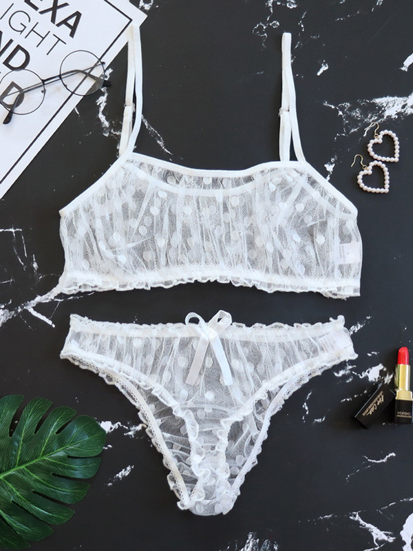 Νέο σέξι εσώρουχα ερωτικά εσώρουχα Polka Dot Mesh Frill Trim Lace σετ εσωρούχων δαντέλα αόρατο σετ σουτιέν για γυναίκες