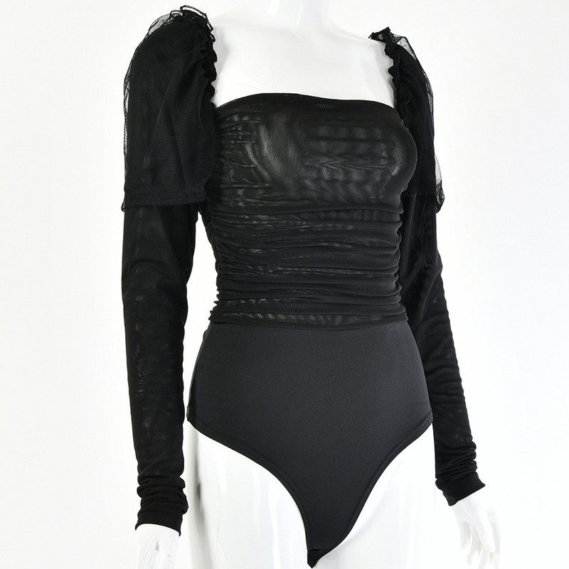 BKLD 2019, toamnă, body pentru femei, cu mânecă lungă, cu volanat, bodycon, club de noapte, negru, sexy, din plasă, salopete transparente