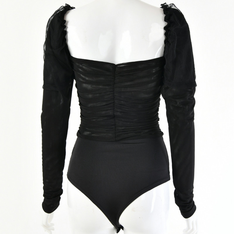 BKLD 2019, toamnă, body pentru femei, cu mânecă lungă, cu volanat, bodycon, club de noapte, negru, sexy, din plasă, salopete transparente