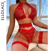 Ellolace Sensual Εσώρουχα Διαφανή Σετ Εσωρούχων Love Lace 3 τεμαχίων με Ζαρτιέρες Αλυσίδας Άνευ ραφής Σετ σουτιέν και εσώρουχα intimate