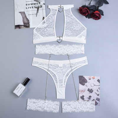 Ellolace Sensual Εσώρουχα Διαφανή Σετ Εσωρούχων Love Lace 3 τεμαχίων με Ζαρτιέρες Αλυσίδας Άνευ ραφής Σετ σουτιέν και εσώρουχα intimate