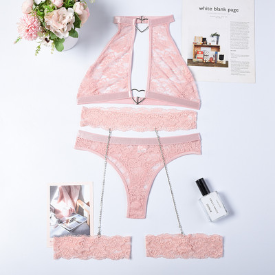Ellolace Sensual Εσώρουχα Διαφανή Σετ Εσωρούχων Love Lace 3 τεμαχίων με Ζαρτιέρες Αλυσίδας Άνευ ραφής Σετ σουτιέν και εσώρουχα intimate