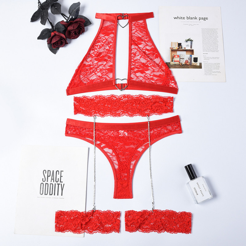 Ellolace Sensual Εσώρουχα Διαφανή Σετ Εσωρούχων Love Lace 3 τεμαχίων με Ζαρτιέρες Αλυσίδας Άνευ ραφής Σετ σουτιέν και εσώρουχα intimate
