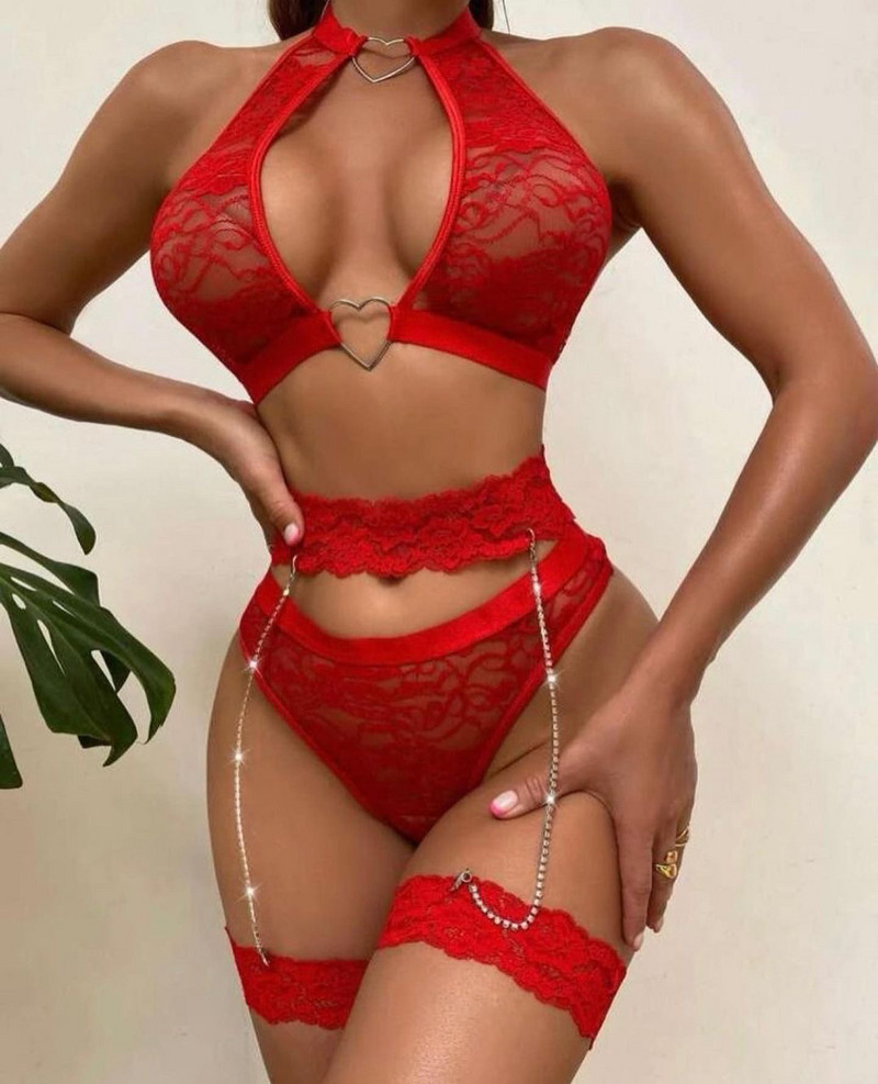 Ellolace Sensual Εσώρουχα Διαφανή Σετ Εσωρούχων Love Lace 3 τεμαχίων με Ζαρτιέρες Αλυσίδας Άνευ ραφής Σετ σουτιέν και εσώρουχα intimate