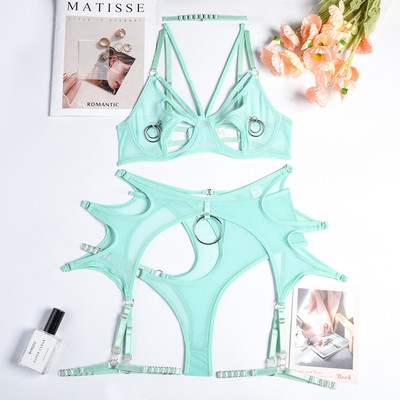 SexeLakas Lenjerie sexy Gotic Mesh Set de lenjerie de corp Femei See Through Dantela Inel Cerc Intim Metallic Clubwear Sex Transparent