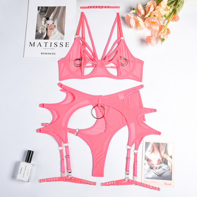 SexeLakas Lenjerie sexy Gotic Mesh Set de lenjerie de corp Femei See Through Dantela Inel Cerc Intim Metallic Clubwear Sex Transparent