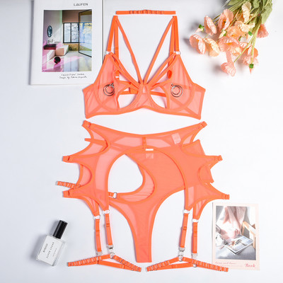 SexeLakas Lenjerie sexy Gotic Mesh Set de lenjerie de corp Femei See Through Dantela Inel Cerc Intim Metallic Clubwear Sex Transparent