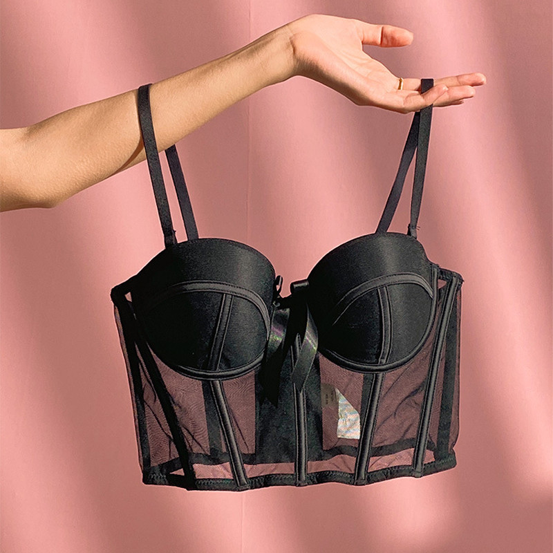 Set de sutien push-up din plasă romantică franțuzească lenjerie de corp sexy pentru femei, sutiene și chiloți respirabili, cu fundă, decorați pentru modelarea corpului, lenjerie de sus