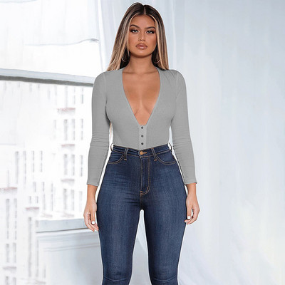 BKLD Body cu mânecă lungă pentru femei, cu decolteu în V adânc, sexy, solid, toamnă iarnă 2019, haine calde pentru femei, body subțire la modă