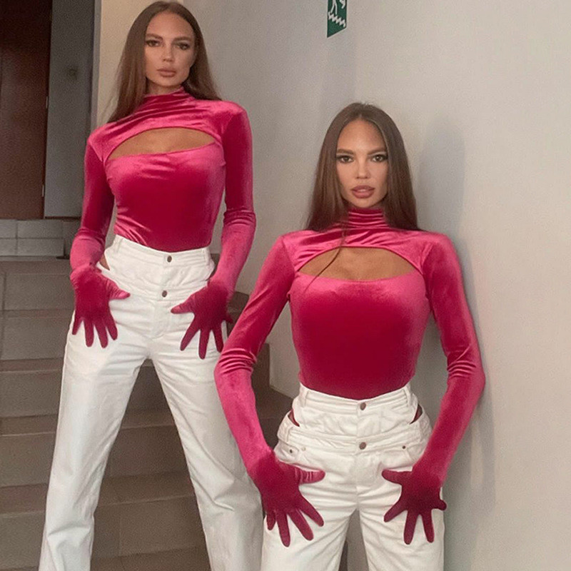 BKLD riided naiste topid 2022. aasta talvel uus mood seksikas õõnsad ühevärvilised õhukesed pikkade varrukatega kindad Bodysuit peo klubirõivad