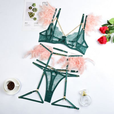 Seksikas naistepesu, pitsist sulgedega Push Up rinnahoidja sukkpüksid sukapael, tsenseerimata Lenceria kett, 3 tükki läbipaistev aluspesu, mis näeb