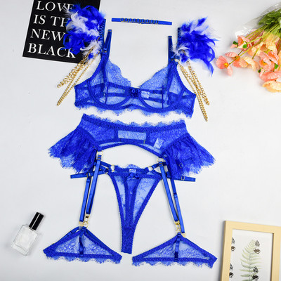 Naiste aluspesu 6-osaline pitsiline seksikas pesukomplekt sulgedega Metallist ketist läbinähtav rinnahoidja koos luudega Pesu, mis näeb