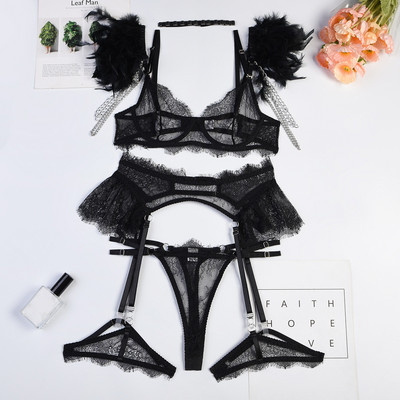 Naiste aluspesu 6-osaline pitsiline seksikas pesukomplekt sulgedega Metallist ketist läbinähtav rinnahoidja koos luudega Pesu, mis näeb