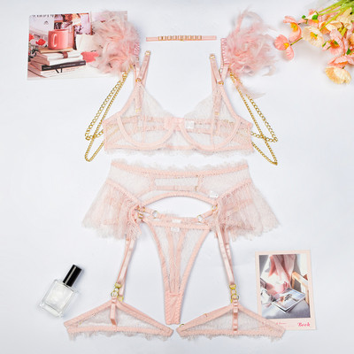 Naiste aluspesu 6-osaline pitsiline seksikas pesukomplekt sulgedega Metallist ketist läbinähtav rinnahoidja koos luudega Pesu, mis näeb