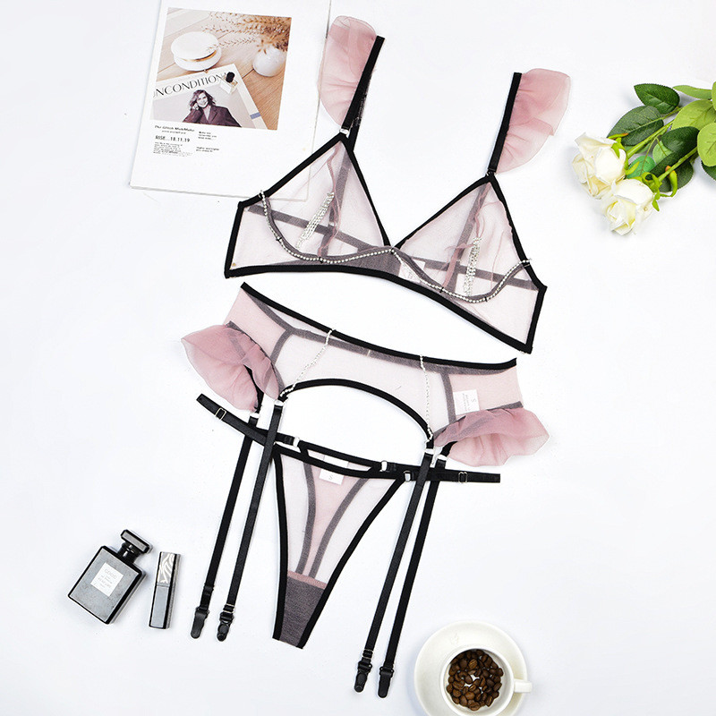 Sutien transparent din dantelă Chiloți Set de lenjerie femeie plasă transparentă Volane Perspectivă intimă Costum senzual fără cenzură