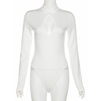 BKLD Есен и зима 2022 г. Нови дамски дрехи, модна яка със стойка, секси ниско изрязано издълбано боди с дълги ръкави, едноцветно