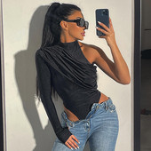 Naiste 2022. aasta BKLD Fashion Night Clubi varustustopid, kõrge kraega, ühe õla ja pikkade varrukatega asümmeetriline bodi, must