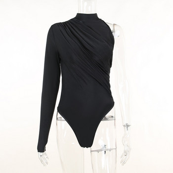 BKLD Fashion Night Club Outfit Tops Women 2022 High Collar Heap Design Едно рамо С дълъг ръкав Асиметрично боди Черно
