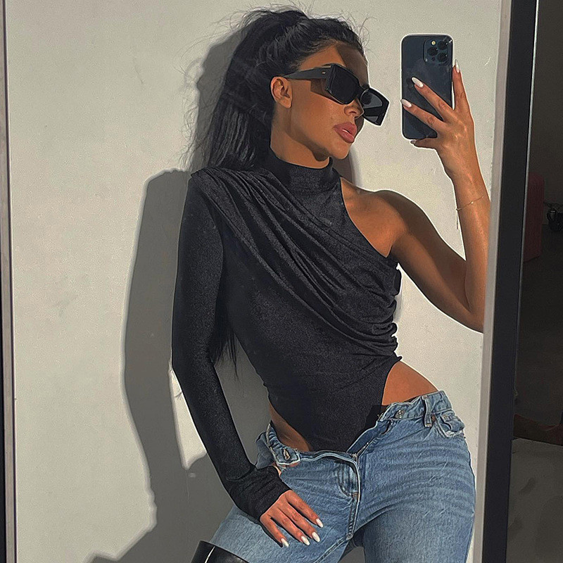 Naiste 2022. aasta BKLD Fashion Night Clubi varustustopid, kõrge kraega, ühe õla ja pikkade varrukatega asümmeetriline bodi, must