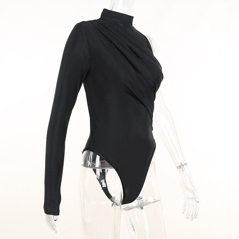 Naiste 2022. aasta BKLD Fashion Night Clubi varustustopid, kõrge kraega, ühe õla ja pikkade varrukatega asümmeetriline bodi, must