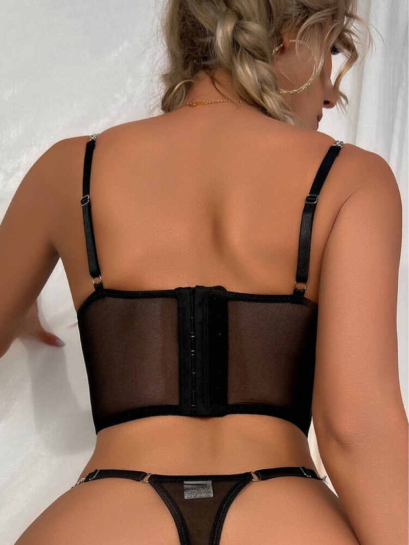 Ellolace Lenjerie Florală Cu Sclipici Lant Bretele Set Femeie 2 Piese Dantela Lenjerie de lux Transparentă Set Sutien Fancy Push Up