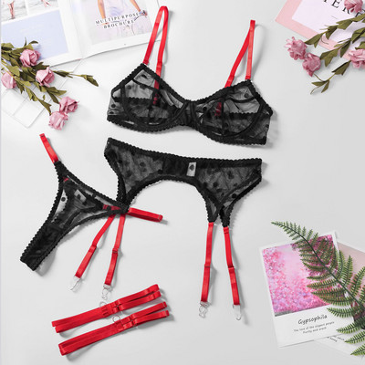 Ellolace donje rublje na točkice, prozirni grudnjak, donje rublje, gola​ žena, necenzurirana, 5-dijelna kontrastna boja, prozirna erotska seksi odjeća