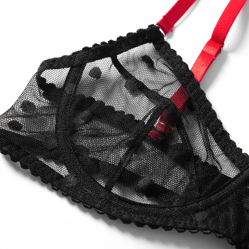 Ellolace donje rublje na točkice, prozirni grudnjak, donje rublje, gola​ žena, necenzurirana, 5-dijelna kontrastna boja, prozirna erotska seksi odjeća