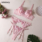 Aduloty γυναικεία σέξι εσώρουχα καλοκαιρινά λεπτή δαντέλα με καρδιά κέντημα με ροζ εσώρουχο σουτιέν με καλτσοδέτα στρινγκ see-through Ερωτικά εσώρουχα