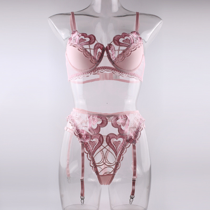 Aduloty γυναικεία σέξι εσώρουχα καλοκαιρινά λεπτή δαντέλα με καρδιά κέντημα με ροζ εσώρουχο σουτιέν με καλτσοδέτα στρινγκ see-through Ερωτικά εσώρουχα