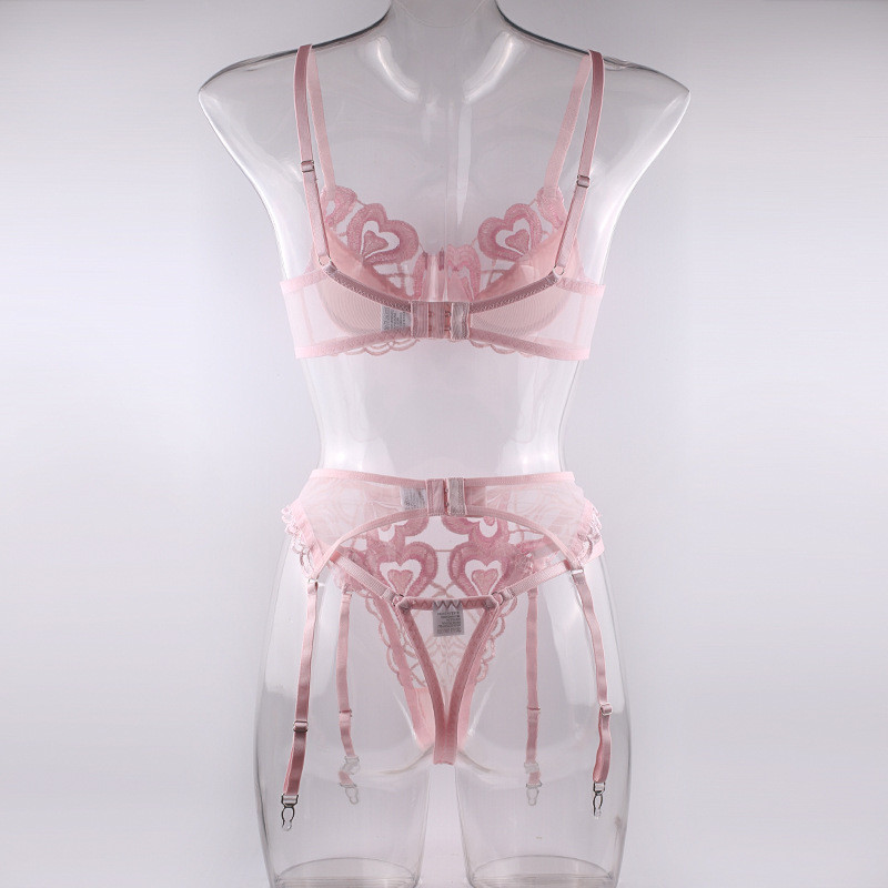 Aduloty γυναικεία σέξι εσώρουχα καλοκαιρινά λεπτή δαντέλα με καρδιά κέντημα με ροζ εσώρουχο σουτιέν με καλτσοδέτα στρινγκ see-through Ερωτικά εσώρουχα