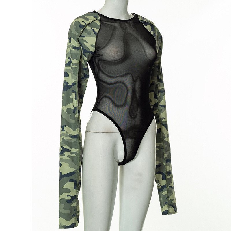BKLD naiste rõivad, mood, seksikas võrk, läbipaistev kamuflaaž, pikkade varrukatega, lapiline tänavariietus vabaaja bodid ühes tükis
