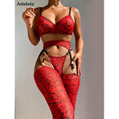 Aduloty New Set de lenjerie sexy cu imprimeu roșu de leopard pentru femei, sutien subțire din dantelă, curea jartieră, ciorapi, lenjerie erotică tentație