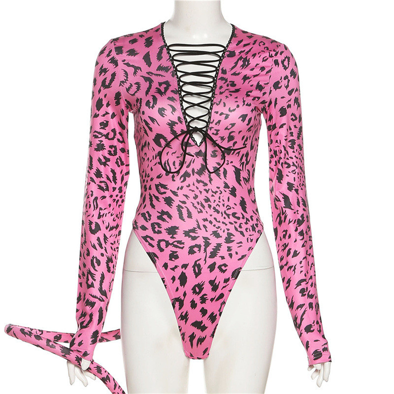 BKLD 2021, iarna noi, body sexy cu mânecă lungă pentru femei, la modă, cu decolteu în V, cu șireturi, scobit, subțire, imprimat, body dintr-o bucată