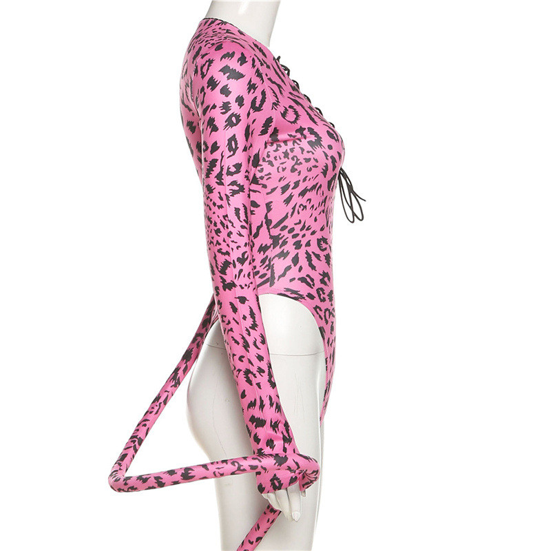 BKLD 2021, iarna noi, body sexy cu mânecă lungă pentru femei, la modă, cu decolteu în V, cu șireturi, scobit, subțire, imprimat, body dintr-o bucată