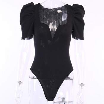 BKLD σέξι κορυφαία ολόσωμη φόρμα Γυναικεία ρούχα Άνοιξη και Καλοκαίρι 2021 Νέο στυλ Πλισέ μανίκια φουσκωτά μονόχρωμο μαύρο λευκό κορμάκι