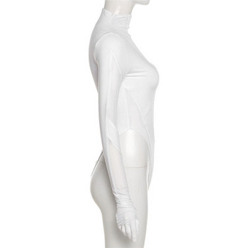 BKLD 2021 Ново есенно дамско облекло Модно бяло горнище с кръгло деколте с дълъг ръкав Секси прозрачно тънко едноцветно мрежесто боди