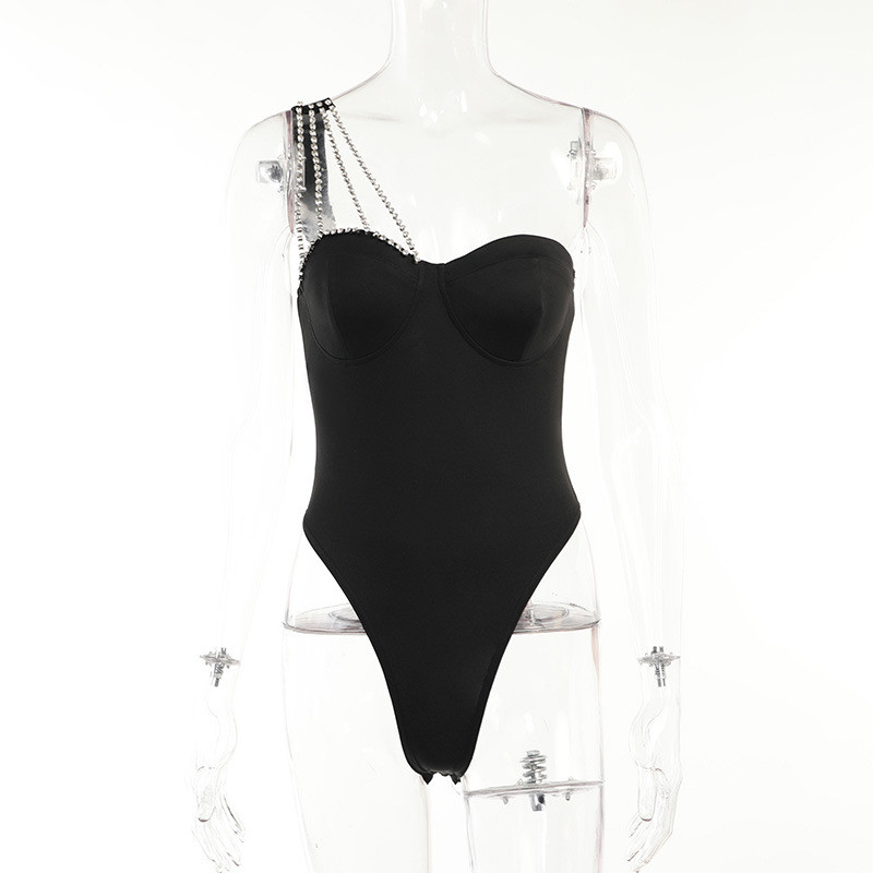 BKLD seksikad naisterõivad, 2022. aasta suvi, uued ebaregulaarsed ühe õla teemantidega spagetirihmad ühes tükis Body topid ühevärvilised