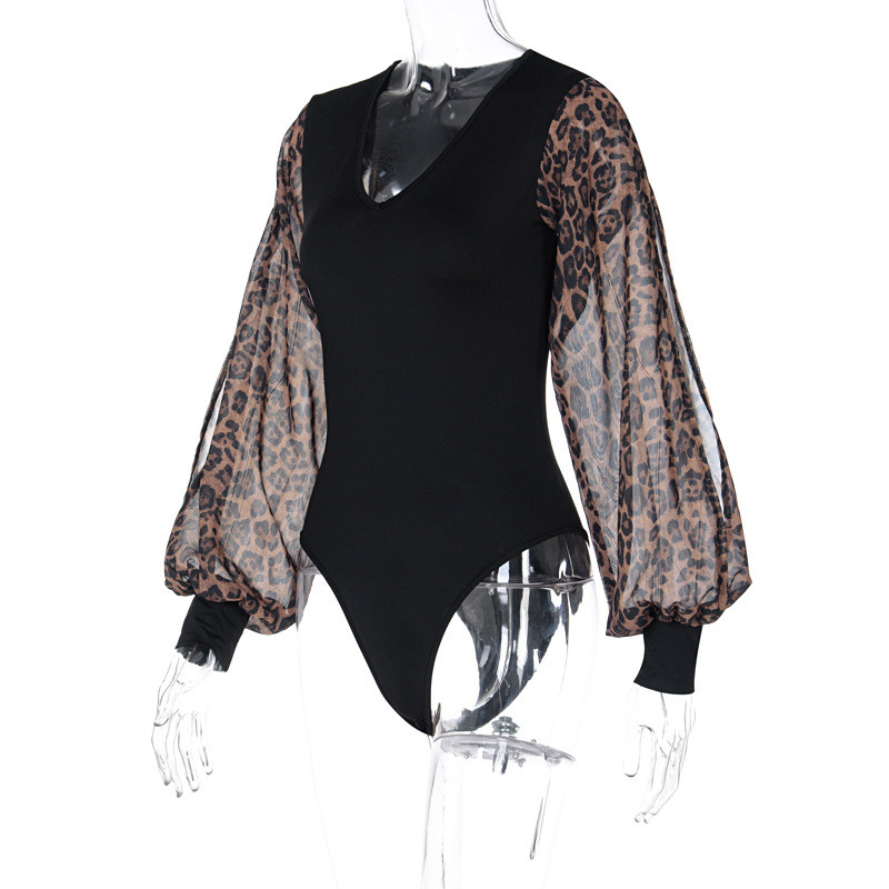 BKLD Vintage Άνοιξη/Καλοκαίρι 2021 Νέο με λαιμόκοψη με κούφιο λεοπάρ μανίκι συνονθύλευμα Σέξι λεπτά κορμάκια Γυναικεία ρούχα Μόδα