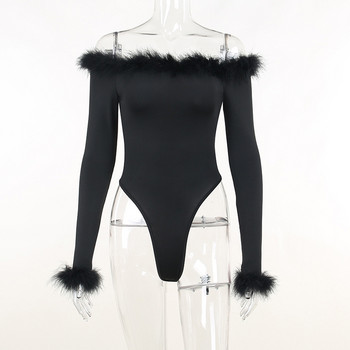 BKLD Sexy Slim Feathers Patchwork Черно боди с дълъг ръкав Горнище с дълъг ръкав 2022 Зимни нови дрехи за жени