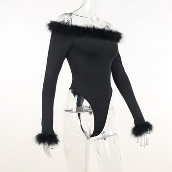 BKLD Sexy Slim Feathers Patchwork Черно боди с дълъг ръкав Горнище с дълъг ръкав 2022 Зимни нови дрехи за жени