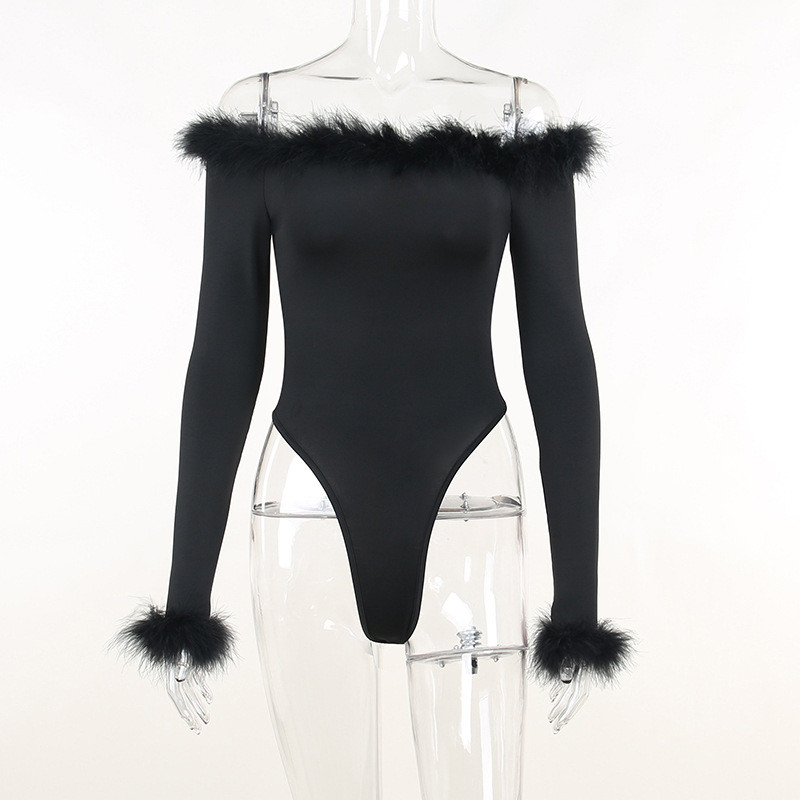 BKLD Sexy subțire pene mozaic cu umeri negru Body cu mâneci lungi Top femei 2022 iarna nou sosire haine pentru femei