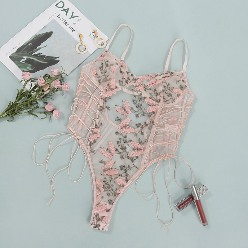 BKLD Dantela Broderie Fluture Sexy Lenjerie Body Vedeți Prin Bodycon Salopetă O singură bucată Sheer Top ținute Club pentru femei