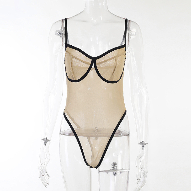 BKLD Body sexy din plasă de mozaic, primăvară și vară, stil nou, fără spate, curea spaghetti, ținute dintr-o bucată, body din plasă