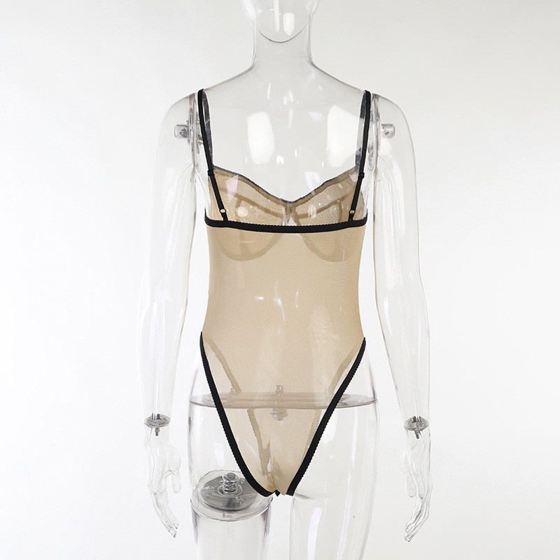 BKLD Body sexy din plasă de mozaic, primăvară și vară, stil nou, fără spate, curea spaghetti, ținute dintr-o bucată, body din plasă