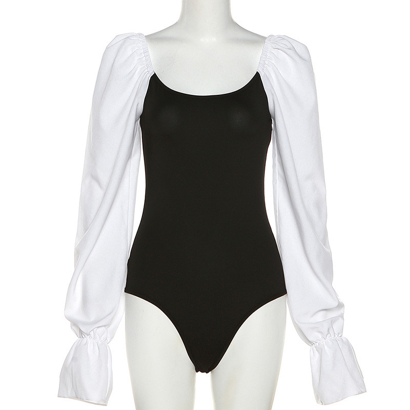 BKLD 2022, toamnă și iarnă, îmbrăcăminte nouă pentru femei, mânecă evazată, cu cusături de culoare contrastantă, guler pătrat, body negru subțire, topuri