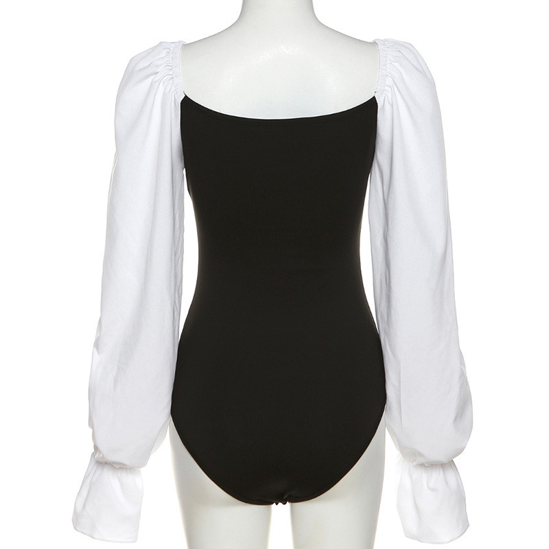 BKLD 2022, toamnă și iarnă, îmbrăcăminte nouă pentru femei, mânecă evazată, cu cusături de culoare contrastantă, guler pătrat, body negru subțire, topuri