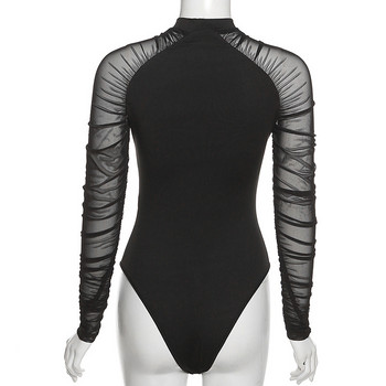 BKLD 2021 Есенно ново дамско облекло с кръгло деколте Модно горнище с мрежести шевове с дълъг ръкав Тънко едноцветно черно боди